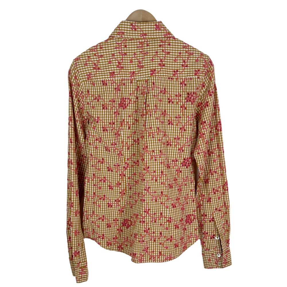 Anthropologie Odille Gingham Eyelet Button Down Shirt Tan Pink Size 0 - Picture 3 of 6